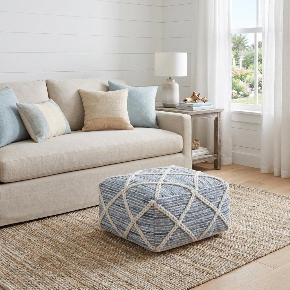 20" Blue and White Cotton and Wool Geometric Pouf Ottoman HomeRoots