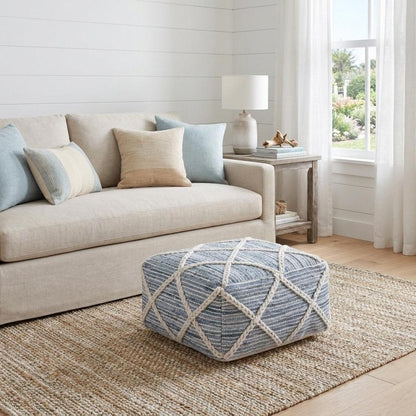 20" Blue and White Cotton and Wool Geometric Pouf Ottoman HomeRoots