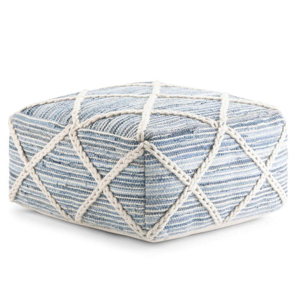 20" Blue and White Cotton and Wool Geometric Pouf Ottoman HomeRoots