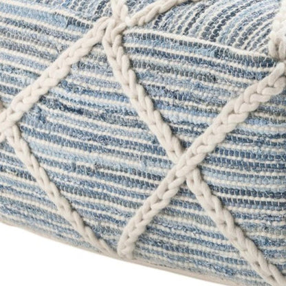 20" Blue and White Cotton and Wool Geometric Pouf Ottoman HomeRoots