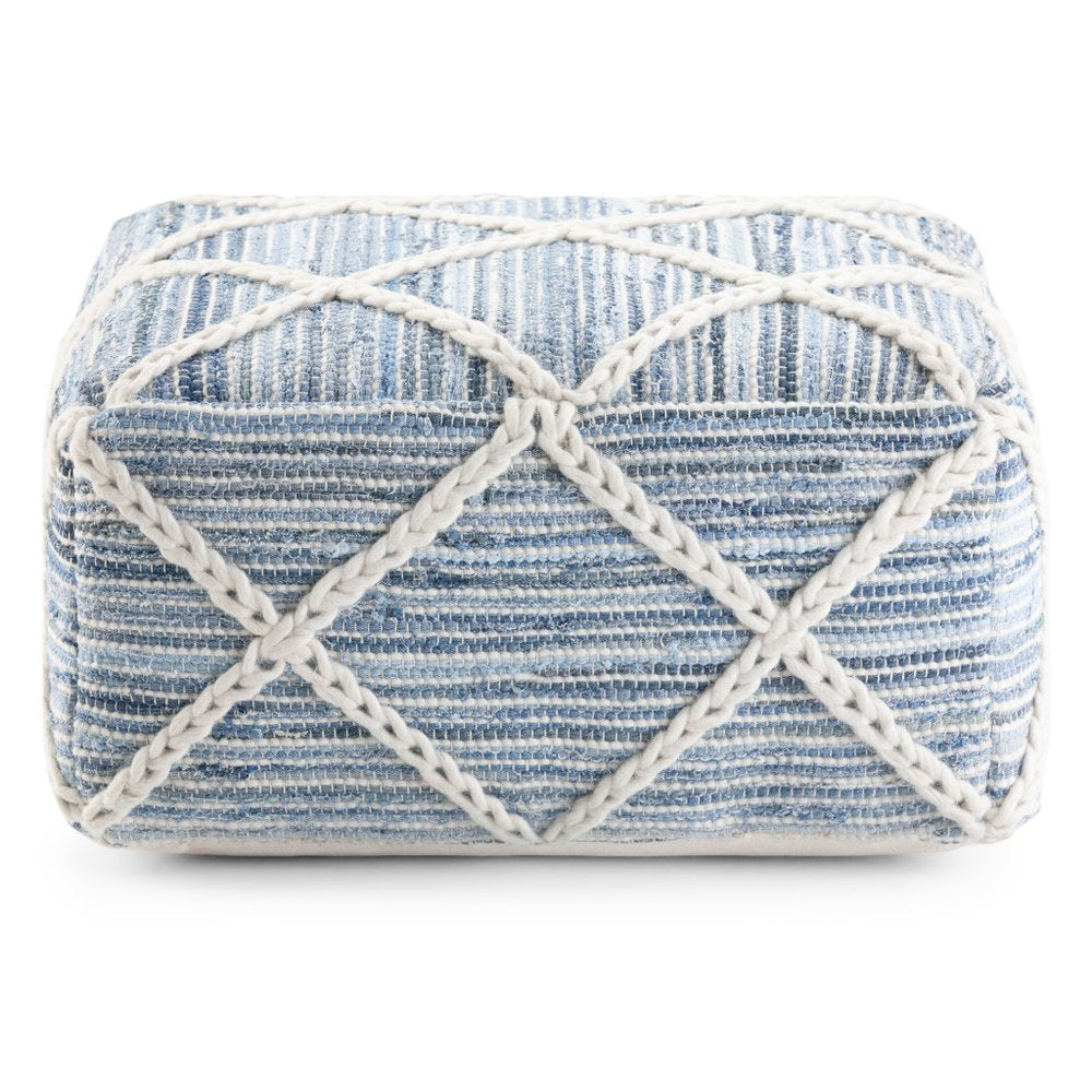 20" Blue and White Cotton and Wool Geometric Pouf Ottoman — view 2