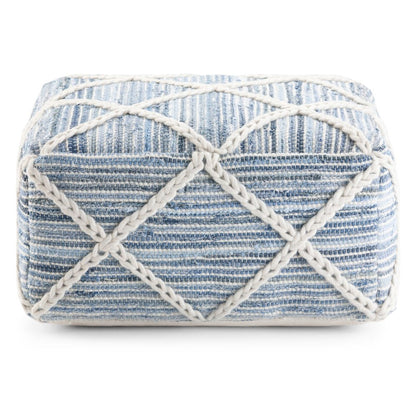20" Blue and White Cotton and Wool Geometric Pouf Ottoman HomeRoots