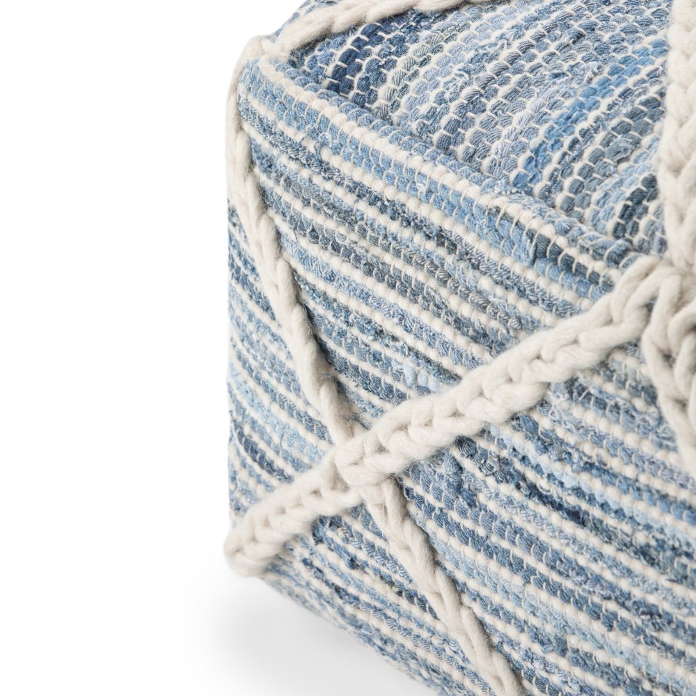 20" Blue and White Cotton and Wool Geometric Pouf Ottoman — view 3