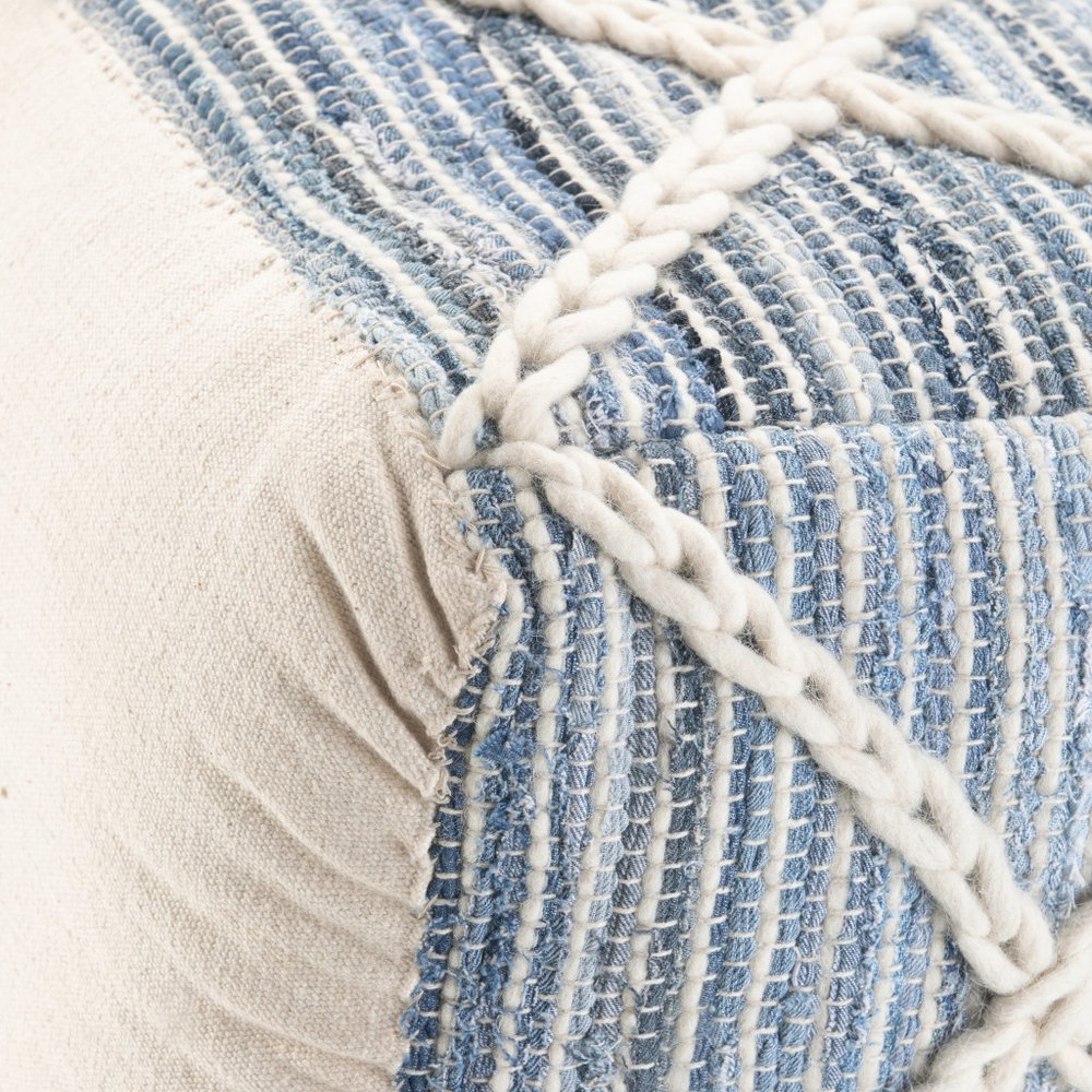 20" Blue and White Cotton and Wool Geometric Pouf Ottoman — view 4