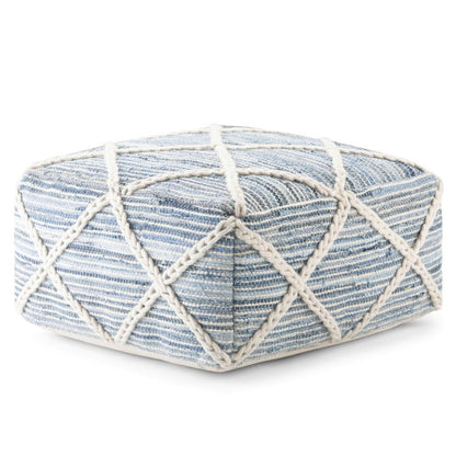 20" Blue and White Cotton and Wool Geometric Pouf Ottoman HomeRoots