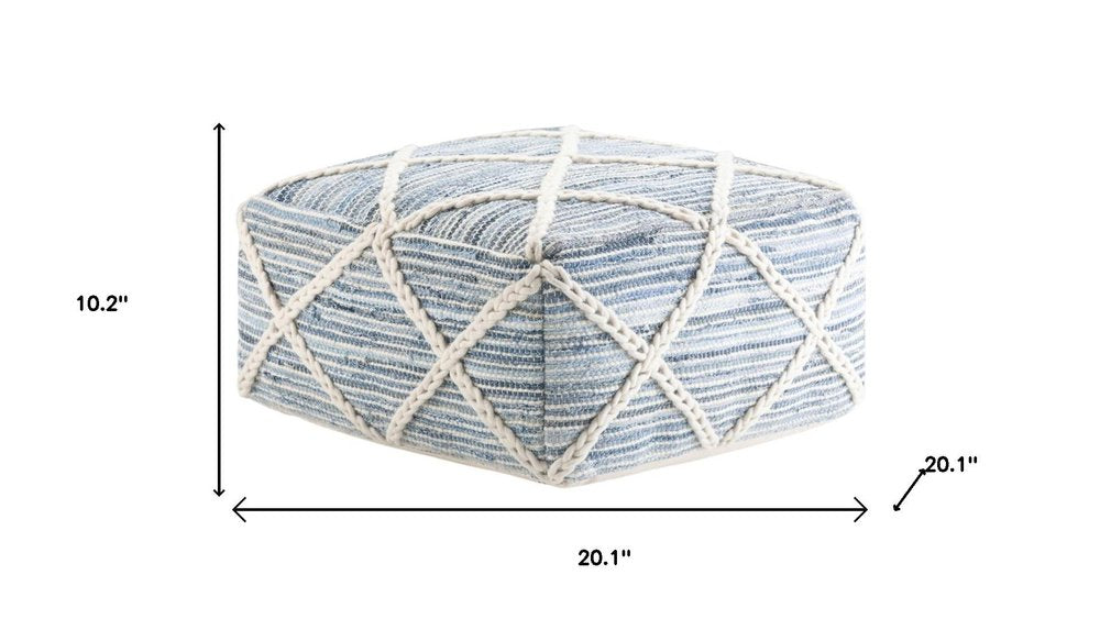 20" Blue and White Cotton and Wool Geometric Pouf Ottoman — view 10