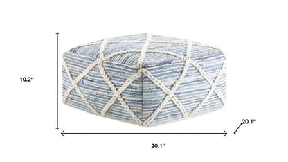 20" Blue and White Cotton and Wool Geometric Pouf Ottoman HomeRoots