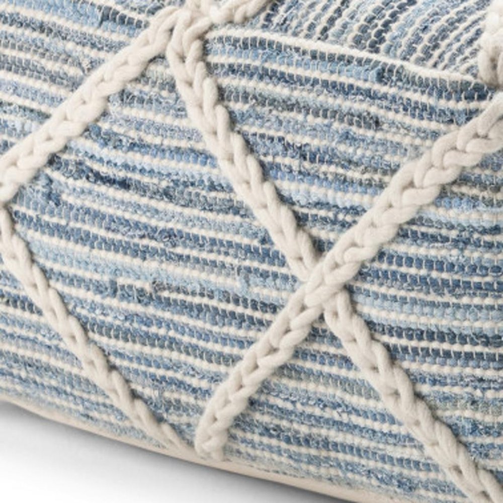 20" Blue and White Cotton and Wool Geometric Pouf Ottoman HomeRoots