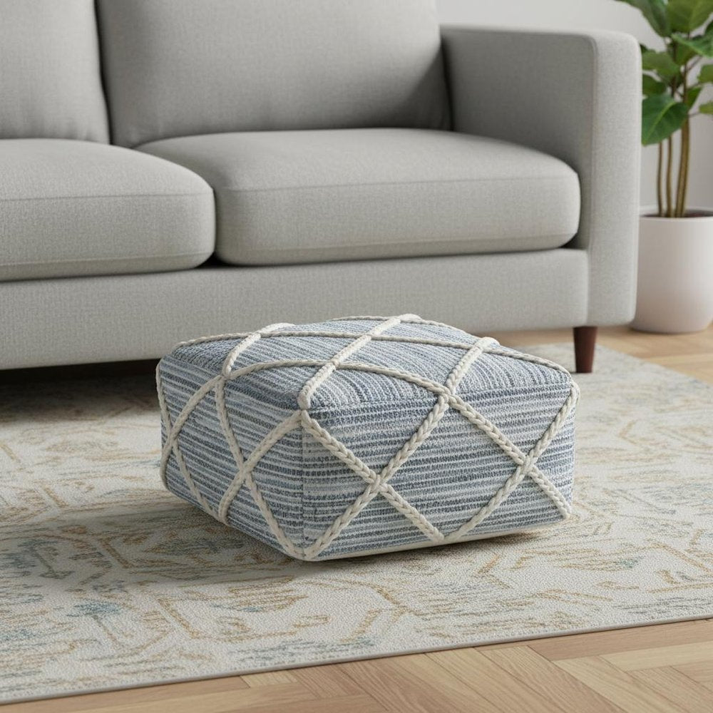 20" Blue and White Cotton and Wool Geometric Pouf Ottoman HomeRoots