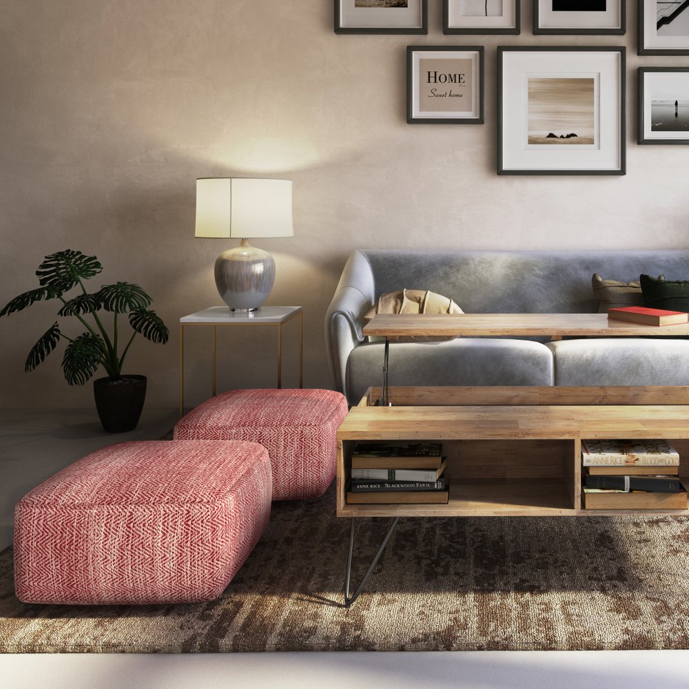 20" Maroon and Cream Cotton Chevron Pouf Ottoman HomeRoots