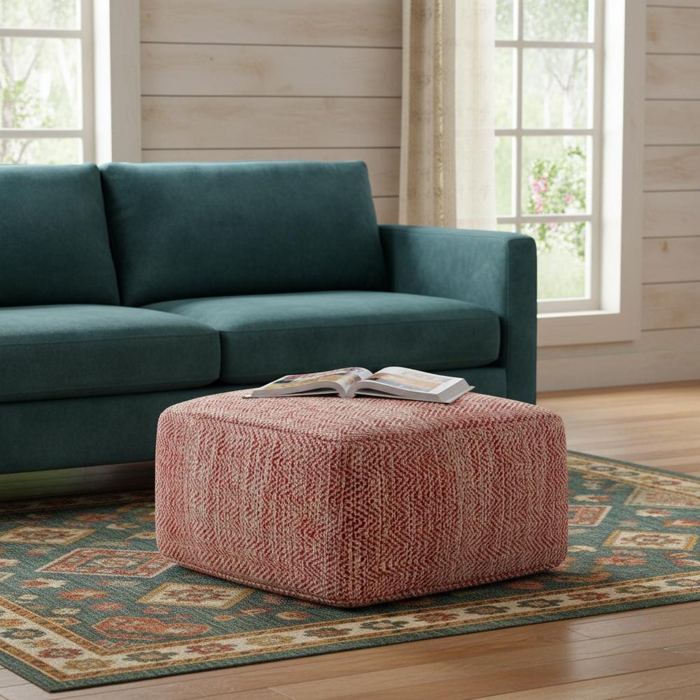 20" Maroon and Cream Cotton Chevron Pouf Ottoman HomeRoots