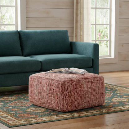 20" Maroon and Cream Cotton Chevron Pouf Ottoman HomeRoots