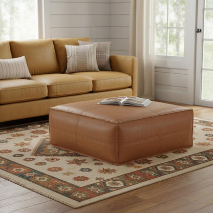36" Brown Faux Leather Pouf Ottoman HomeRoots