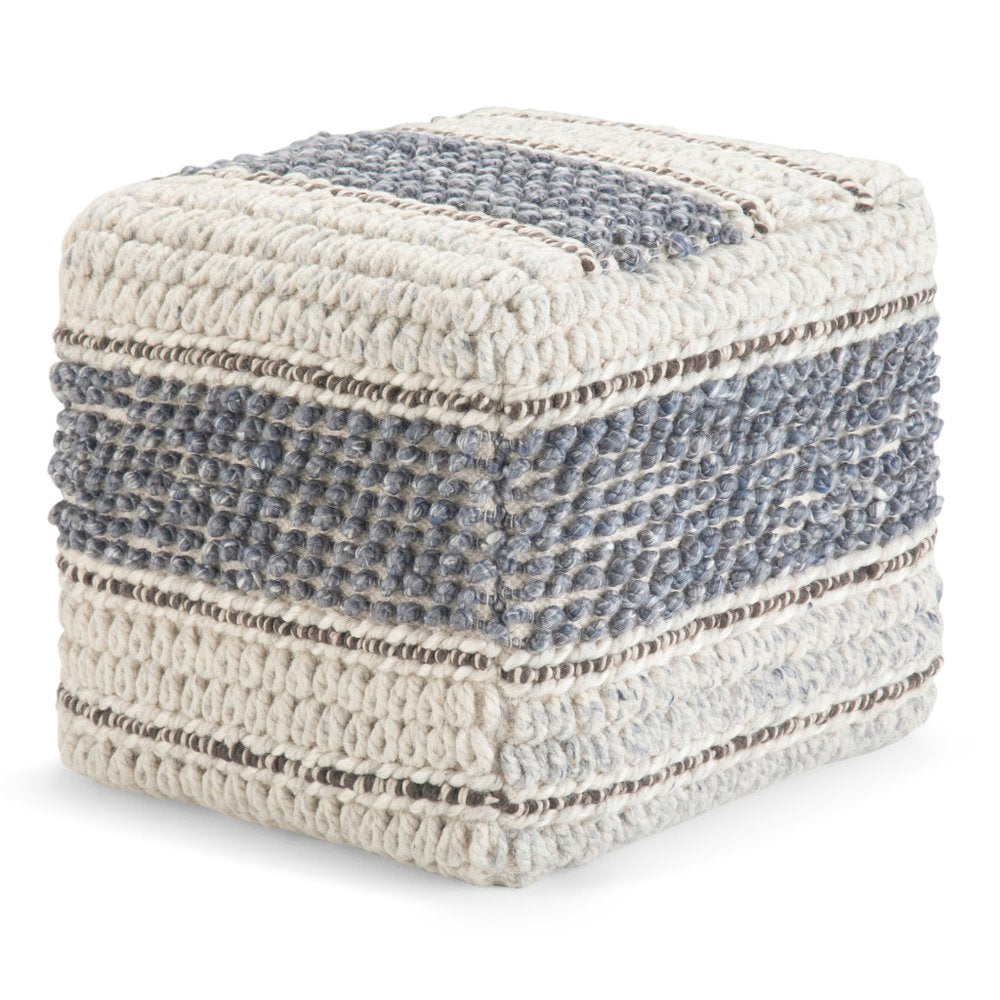 18" Blue Brown and Off White Cotton and Wool Striped Pouf Ottoman HomeRoots