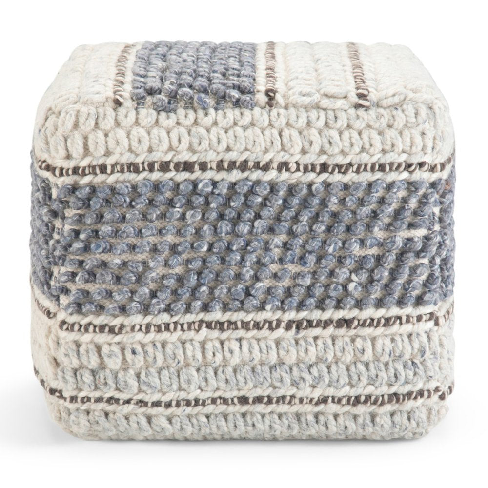 18" Blue Brown and Off White Cotton and Wool Striped Pouf Ottoman HomeRoots