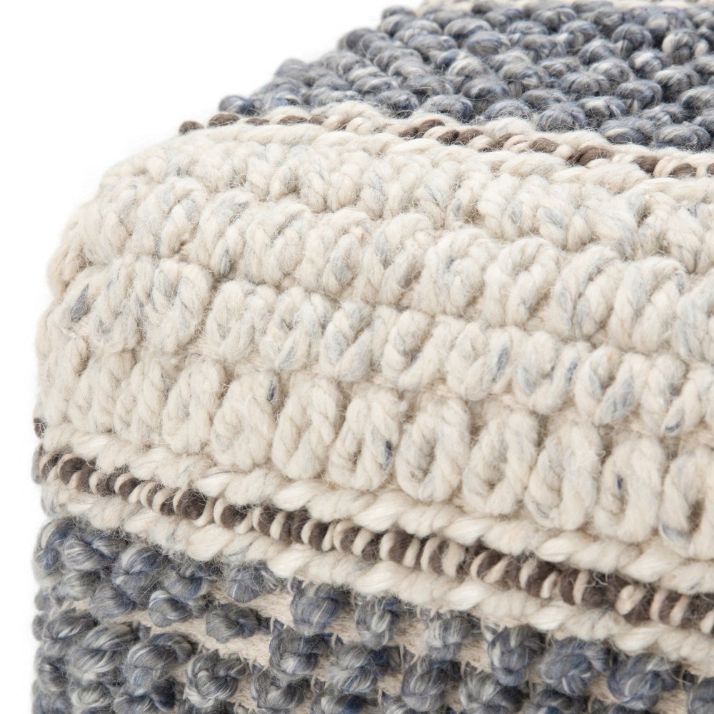 18" Blue Brown and Off White Cotton and Wool Striped Pouf Ottoman HomeRoots