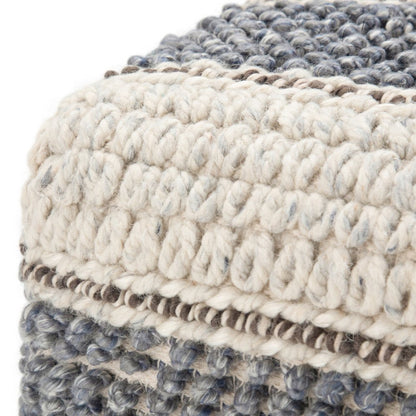 18" Blue Brown and Off White Cotton and Wool Striped Pouf Ottoman HomeRoots