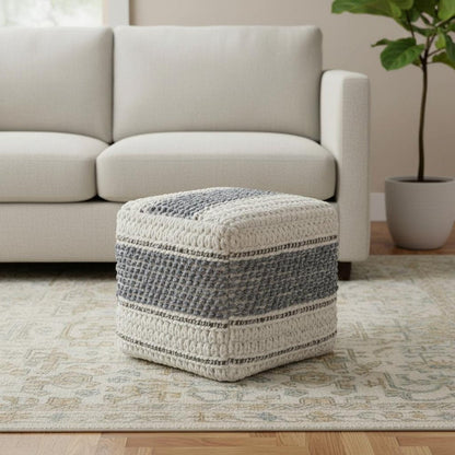 18" Blue Brown and Off White Cotton and Wool Striped Pouf Ottoman HomeRoots