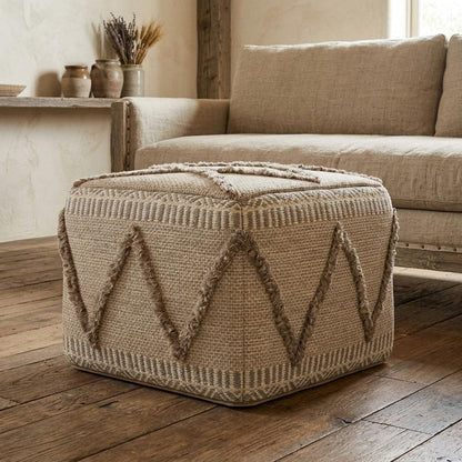 18" Gray and Tan Cotton and Wool Geometric Pouf Ottoman HomeRoots