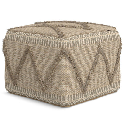 18" Gray and Tan Cotton and Wool Geometric Pouf Ottoman