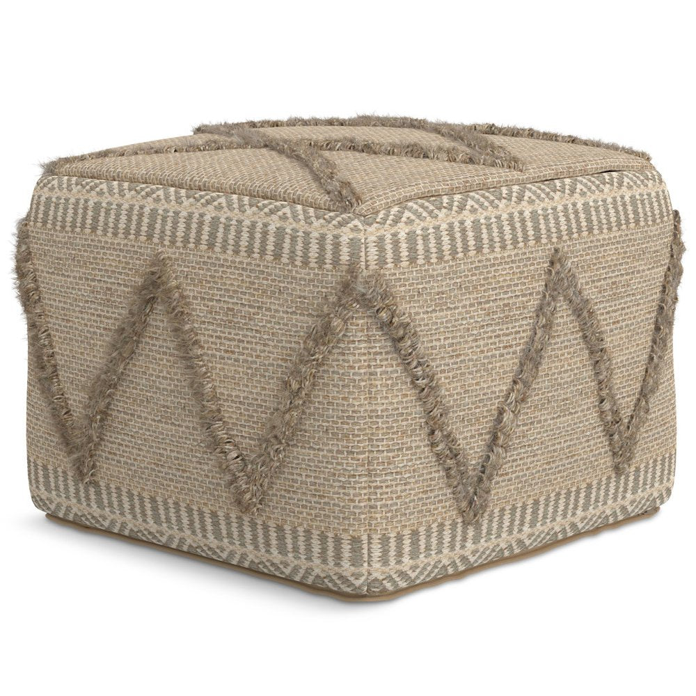 18" Gray and Tan Cotton and Wool Geometric Pouf Ottoman HomeRoots
