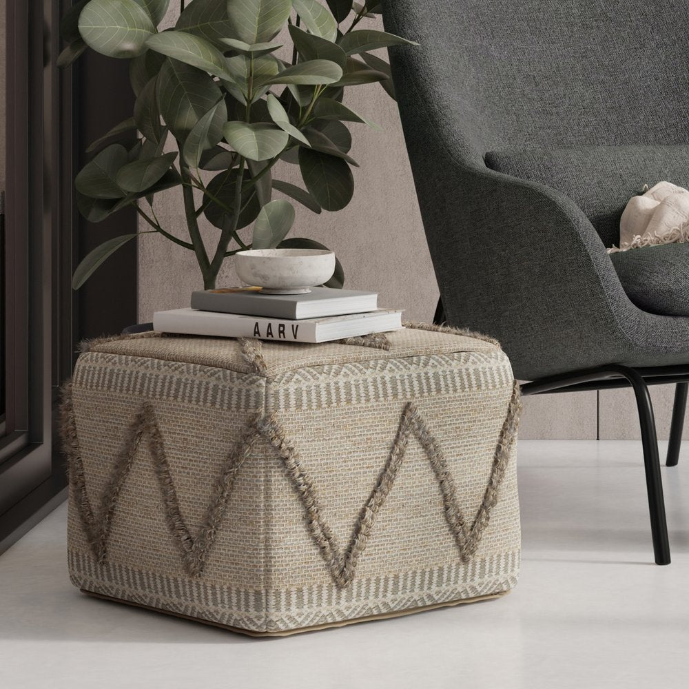 18" Gray and Tan Cotton and Wool Geometric Pouf Ottoman
