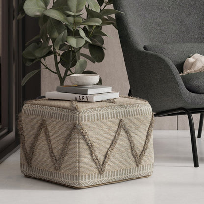 18" Gray and Tan Cotton and Wool Geometric Pouf Ottoman