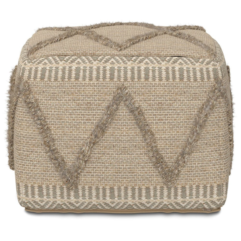 18" Gray and Tan Cotton and Wool Geometric Pouf Ottoman