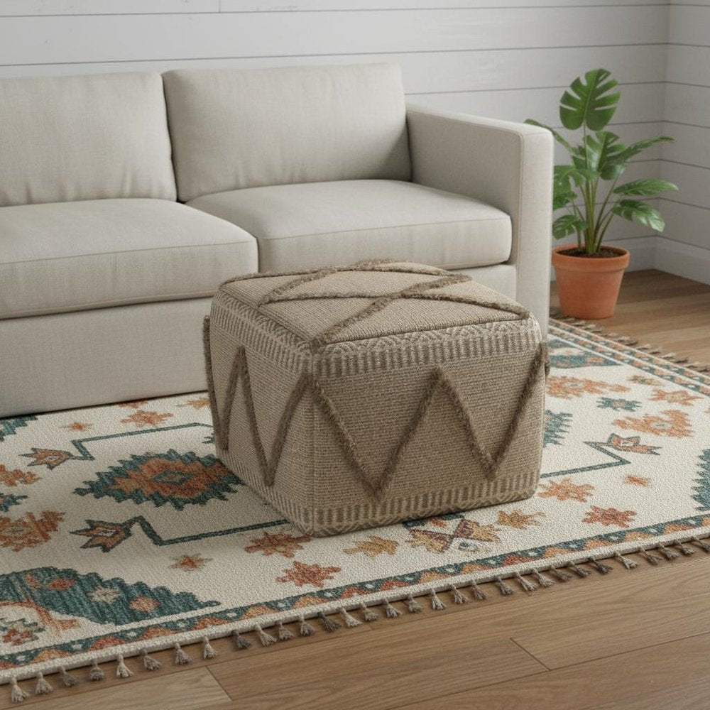 18" Gray and Tan Cotton and Wool Geometric Pouf Ottoman — view 9
