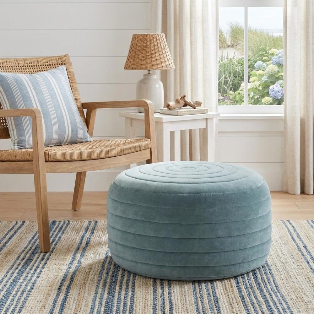 20" Turquoise Velvet Ribbed Round Pouf Ottoman — view 10