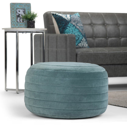 20" Turquoise Velvet Ribbed Round Pouf Ottoman HomeRoots