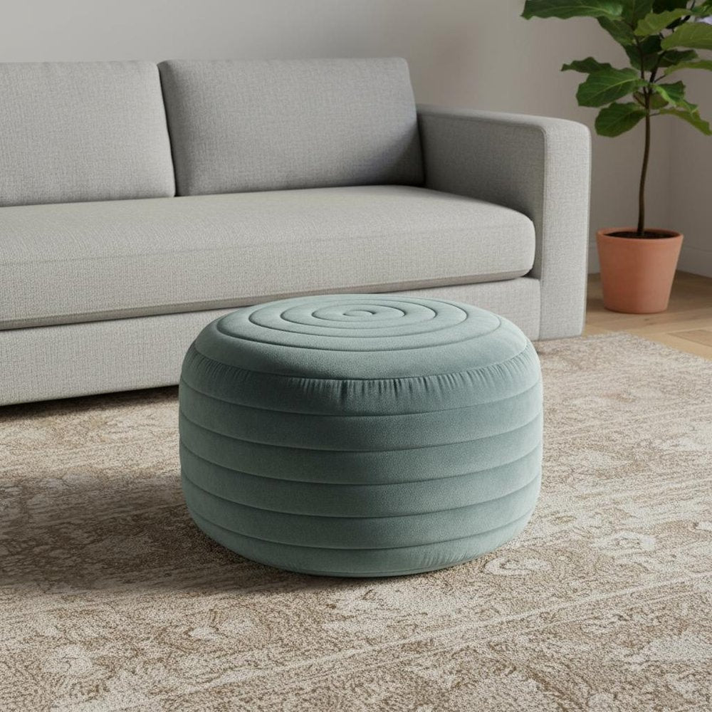 20" Turquoise Velvet Ribbed Round Pouf Ottoman HomeRoots