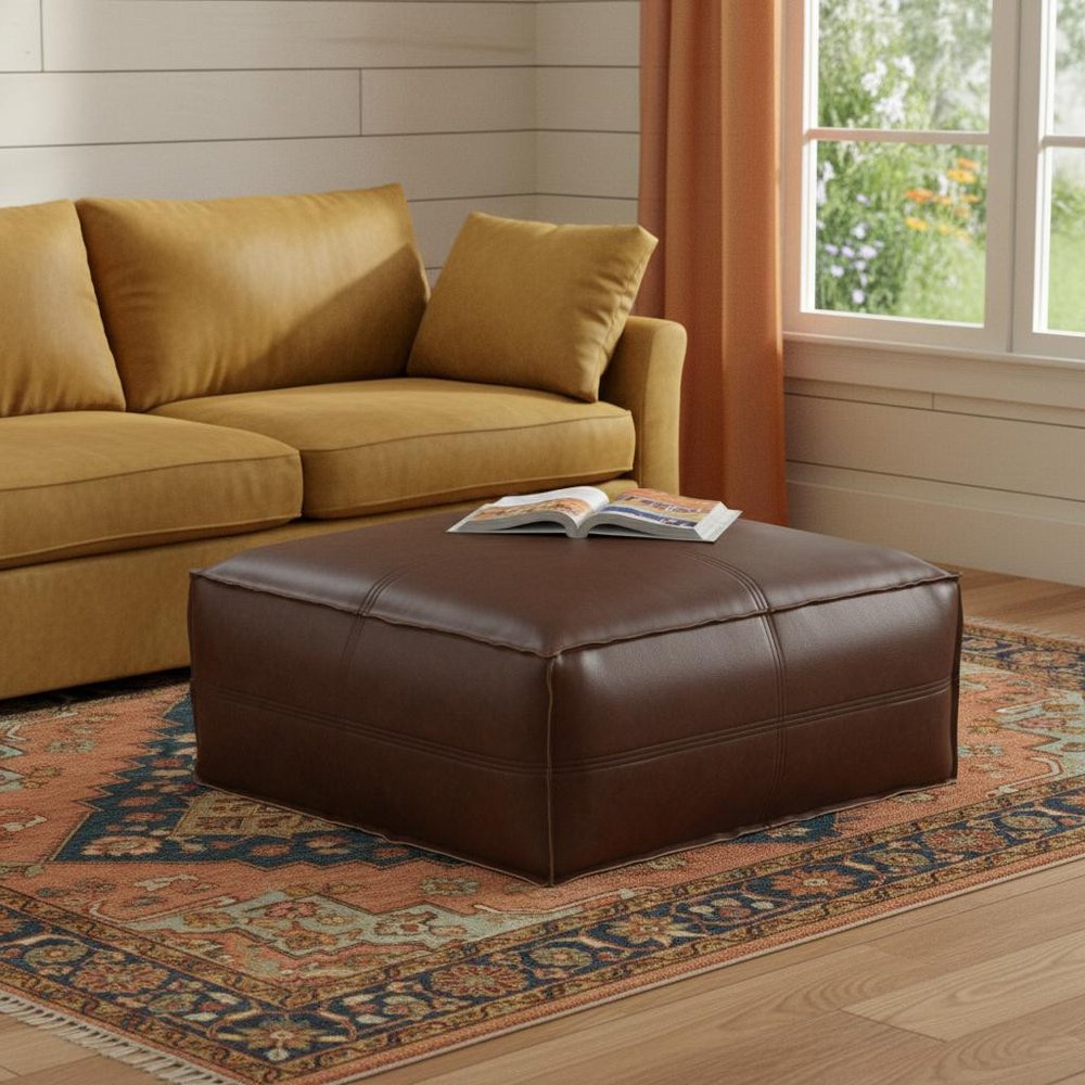 30" Dark Brown Faux Leather Pouf Ottoman — view 6