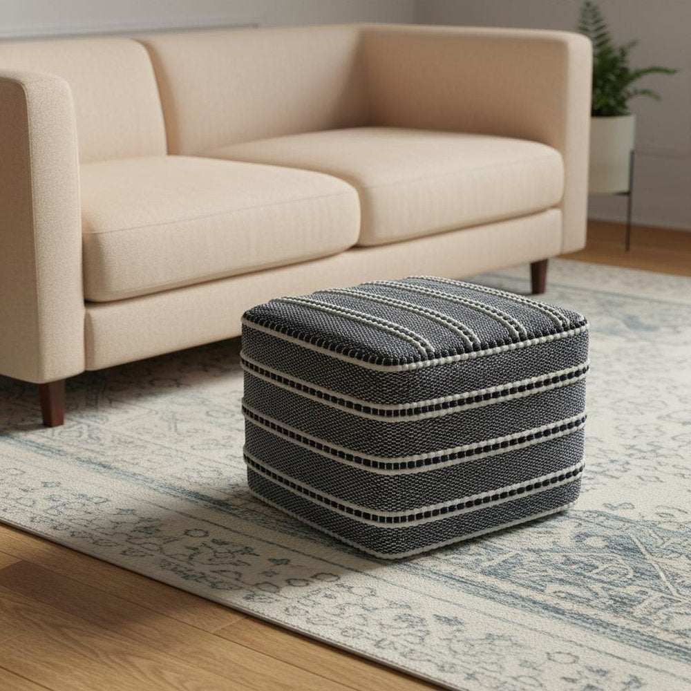 18" Navy Blue And White Polyester Outdoor Pouf Ottoman HomeRoots