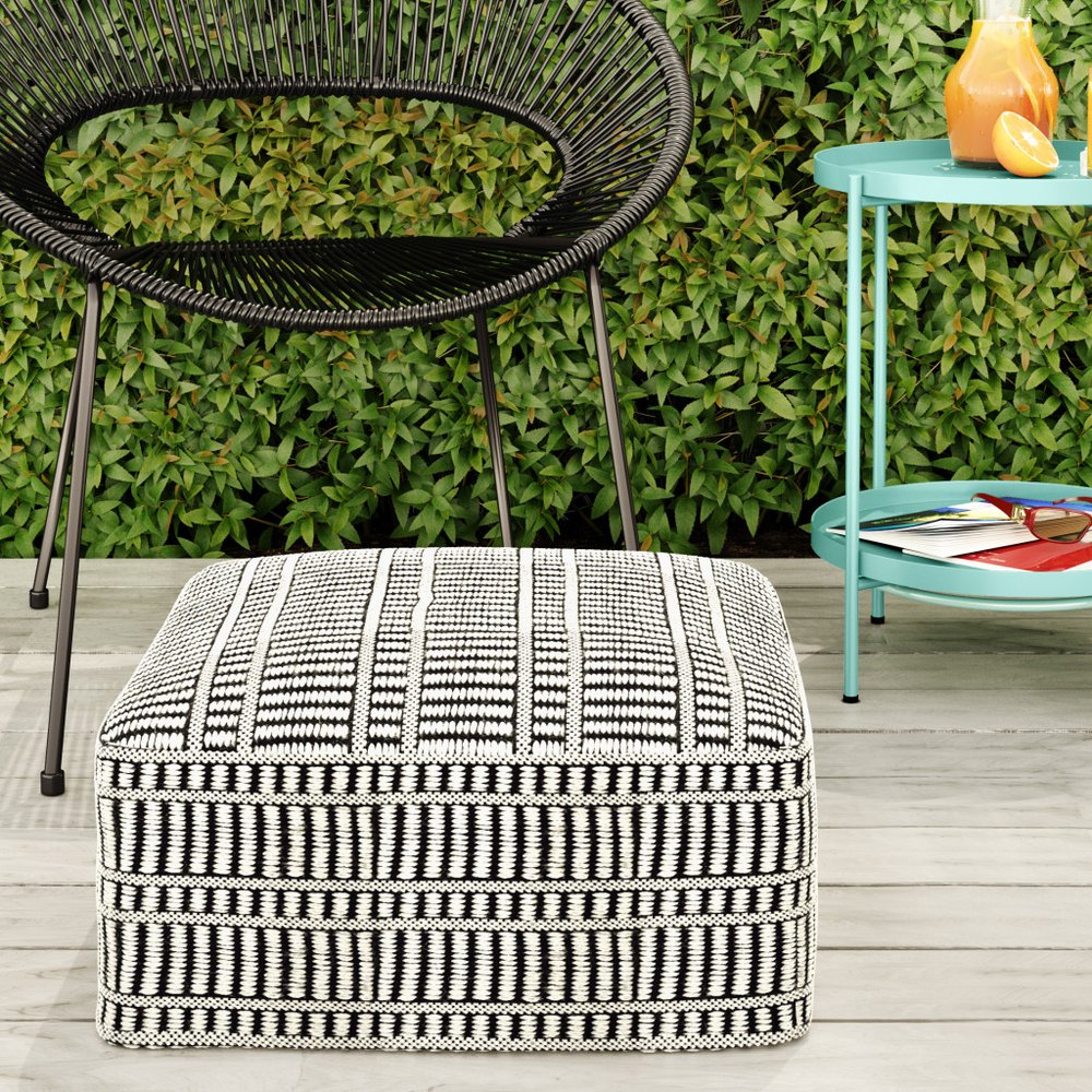 20" Black And White Polyester Geometric Outdoor Pouf Ottoman HomeRoots