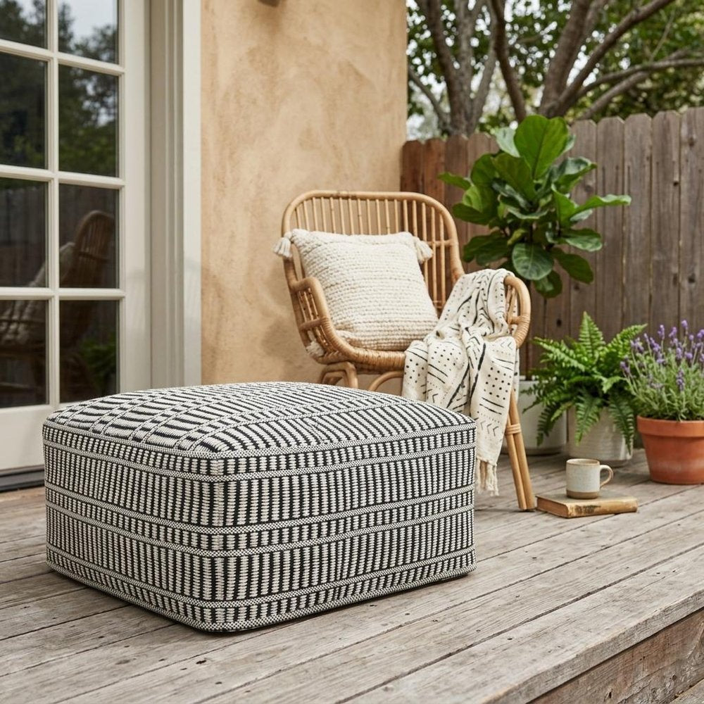 20" Black And White Polyester Geometric Outdoor Pouf Ottoman HomeRoots