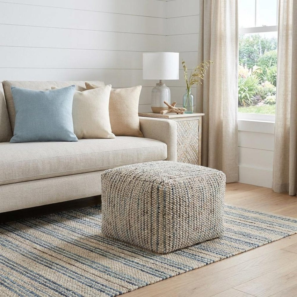 18" Blue and Cream Cotton and Wool Cube Pouf Ottoman — view 10