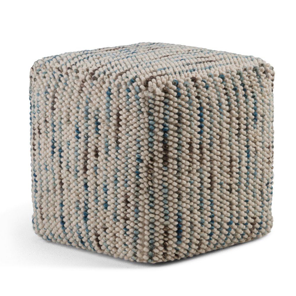 18" Blue and Cream Cotton and Wool Cube Pouf Ottoman — view 1