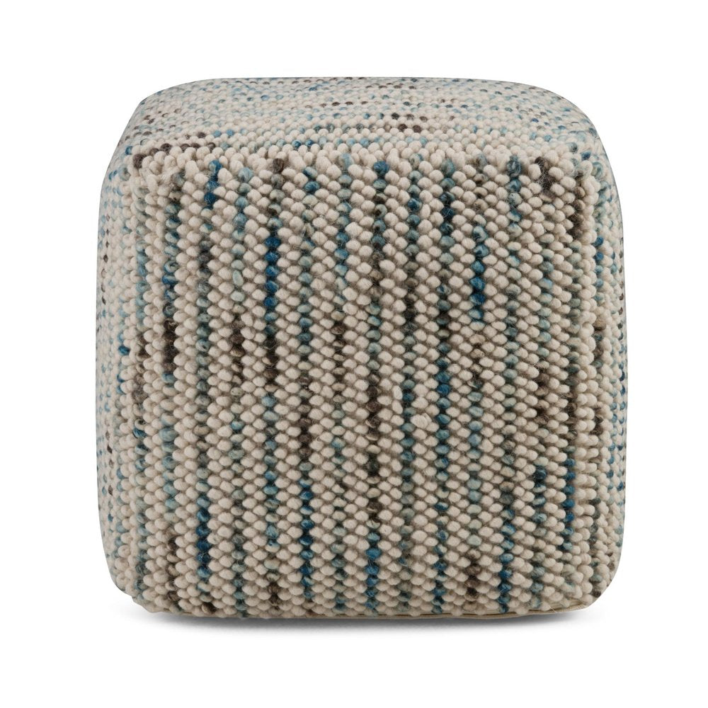 18" Blue and Cream Cotton and Wool Cube Pouf Ottoman HomeRoots