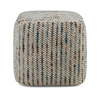 18" Blue and Cream Cotton and Wool Cube Pouf Ottoman HomeRoots