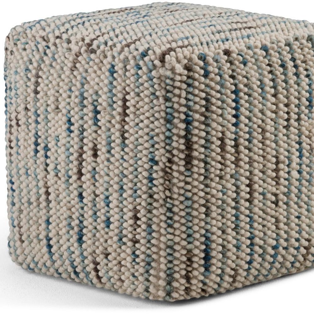 18" Blue and Cream Cotton and Wool Cube Pouf Ottoman — view 5