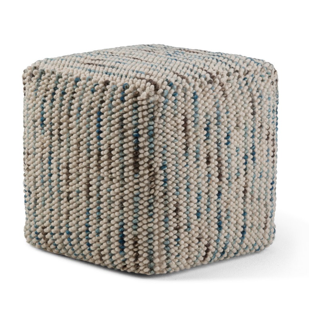 18" Blue and Cream Cotton and Wool Cube Pouf Ottoman HomeRoots