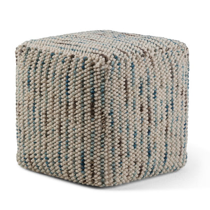 18" Blue and Cream Cotton and Wool Cube Pouf Ottoman HomeRoots