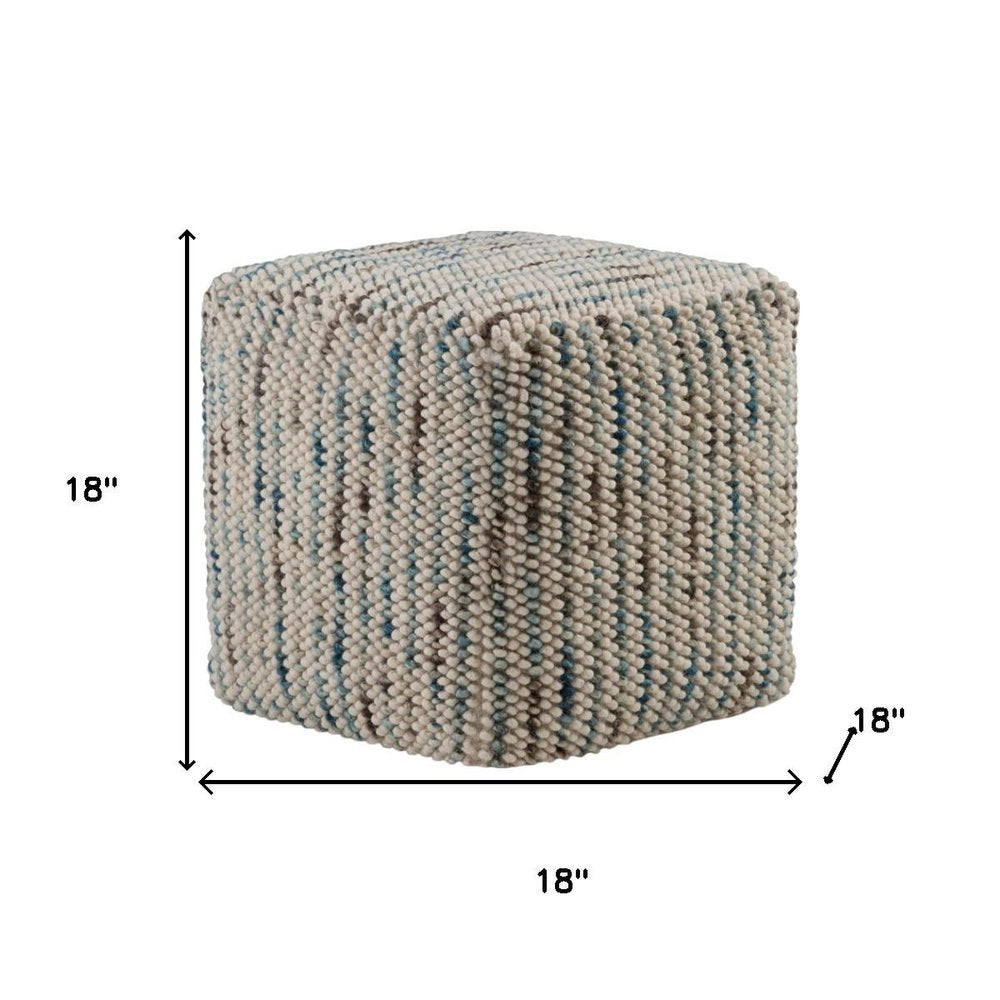 18" Blue and Cream Cotton and Wool Cube Pouf Ottoman HomeRoots
