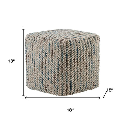 18" Blue and Cream Cotton and Wool Cube Pouf Ottoman HomeRoots
