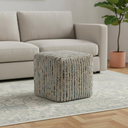 18" Blue and Cream Cotton and Wool Cube Pouf Ottoman HomeRoots