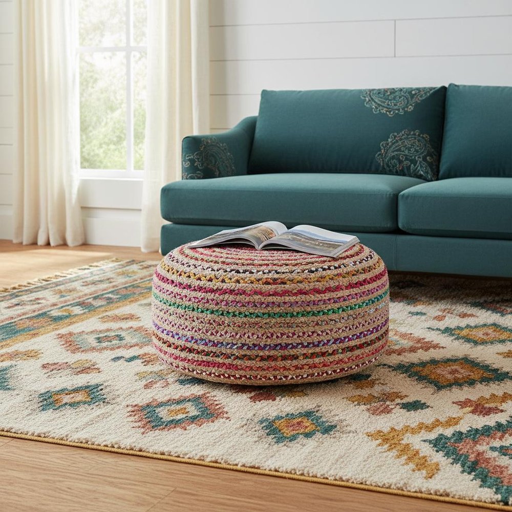 30" Blue Natural and Red Jute and Cotton Striped Round Pouf Ottoman HomeRoots