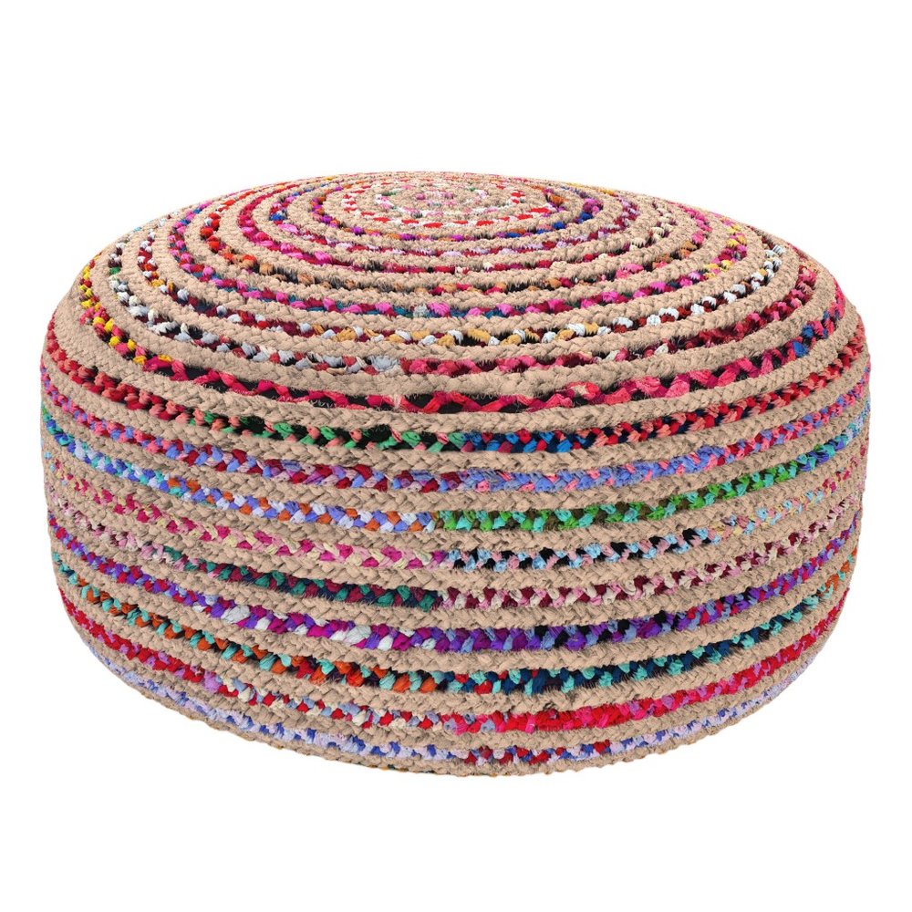 30" Blue Natural and Red Jute and Cotton Striped Round Pouf Ottoman HomeRoots