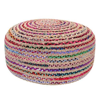 30" Blue Natural and Red Jute and Cotton Striped Round Pouf Ottoman HomeRoots