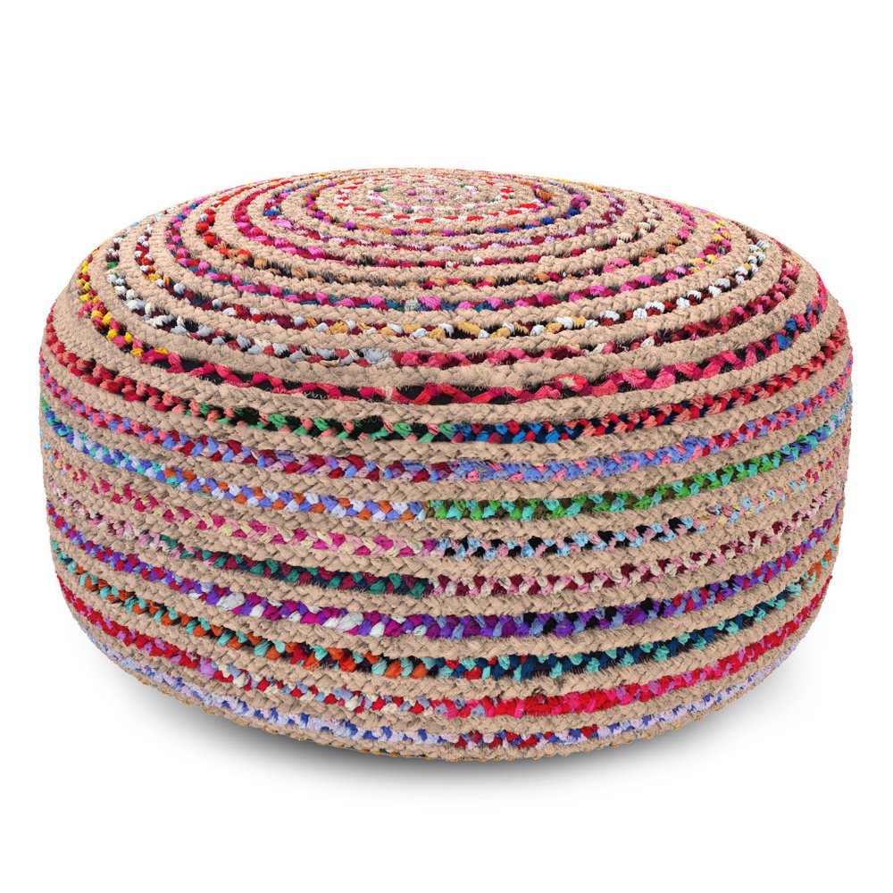 30" Blue Natural and Red Jute and Cotton Striped Round Pouf Ottoman — view 1